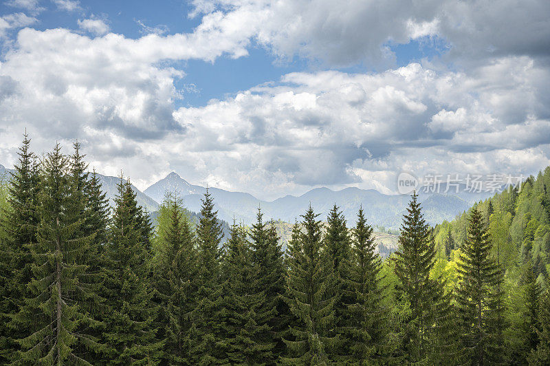 在春天，从Goli vrh俯瞰Zgornje Jezersko山谷